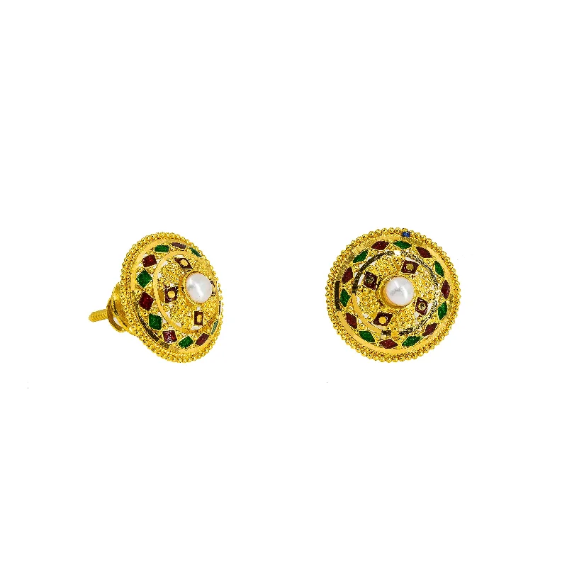 women's earrings elegant crown shape -22K Yellow Gold Stud Earrings W/ Pearl & Diamond Shaped Hand Painted Details