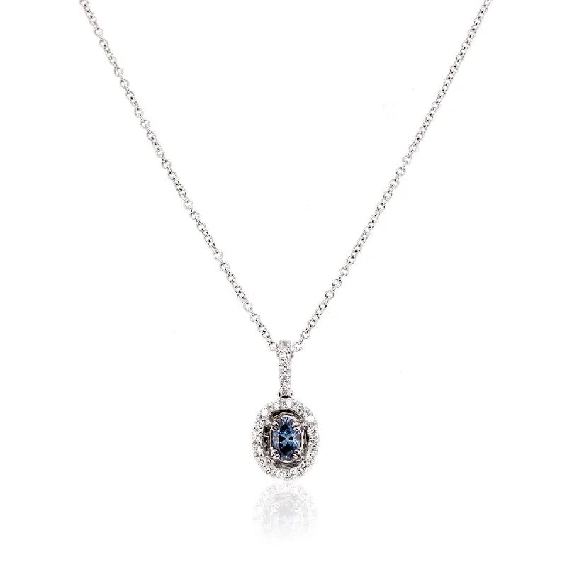 women's necklaces gemstone halo -WHITE GOLD PENDANT NECKLACE WITH BLUE ENHANCED OVAL DIAMOND