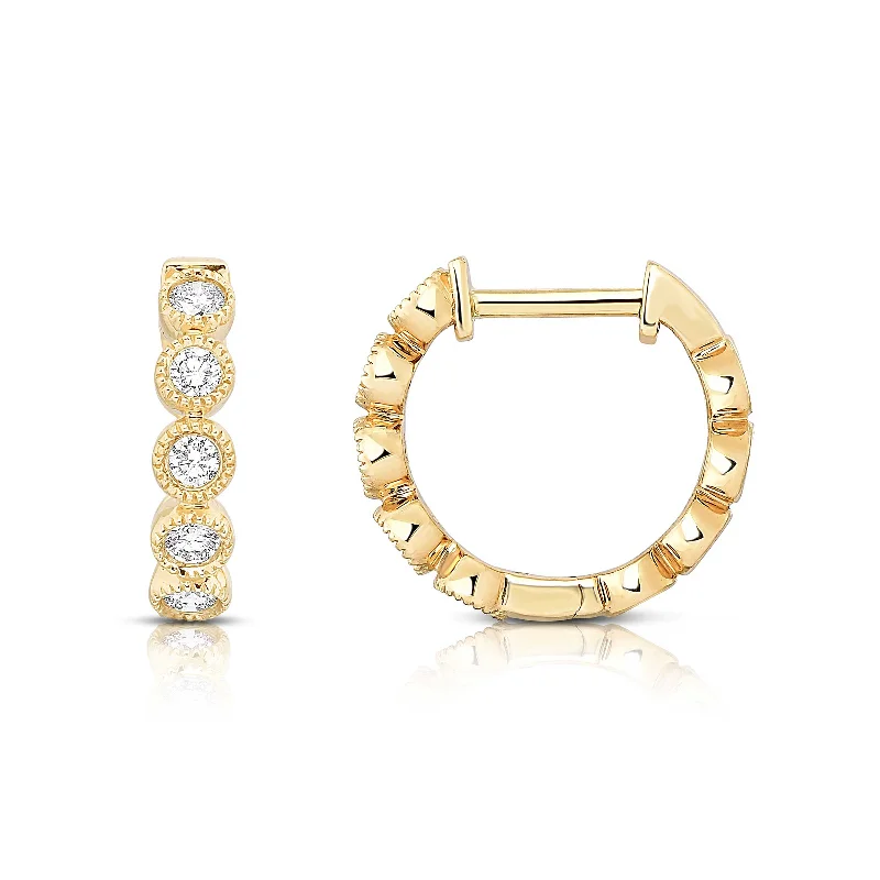 women's earrings ruby -Bezel Set Diamond Hoop Earrings, 14K Yellow Gold