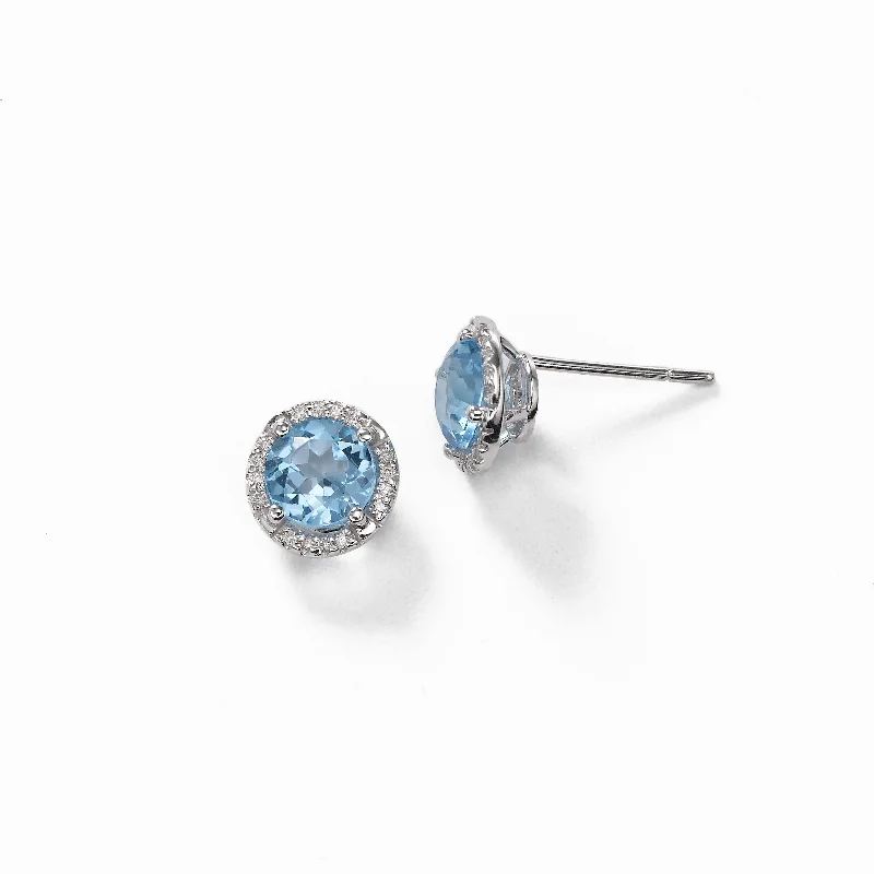 women's earrings personalized initial charm -Round Blue Topaz And Diamond Earrings, 14K White Gold