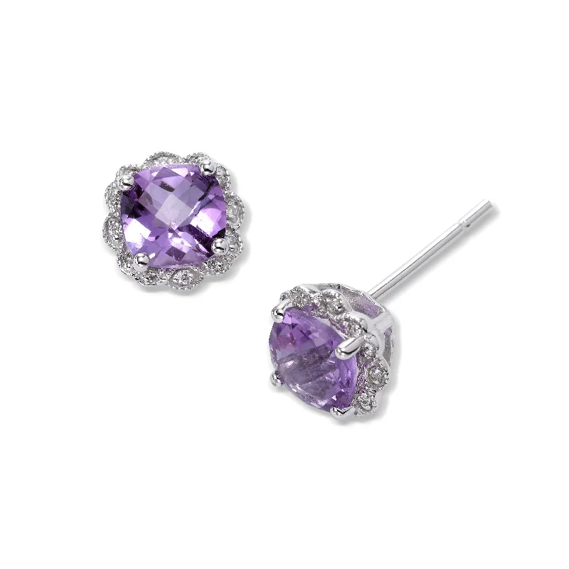 women's earrings art deco style -Faceted Amethyst and Diamond Earrings, 14K White Gold