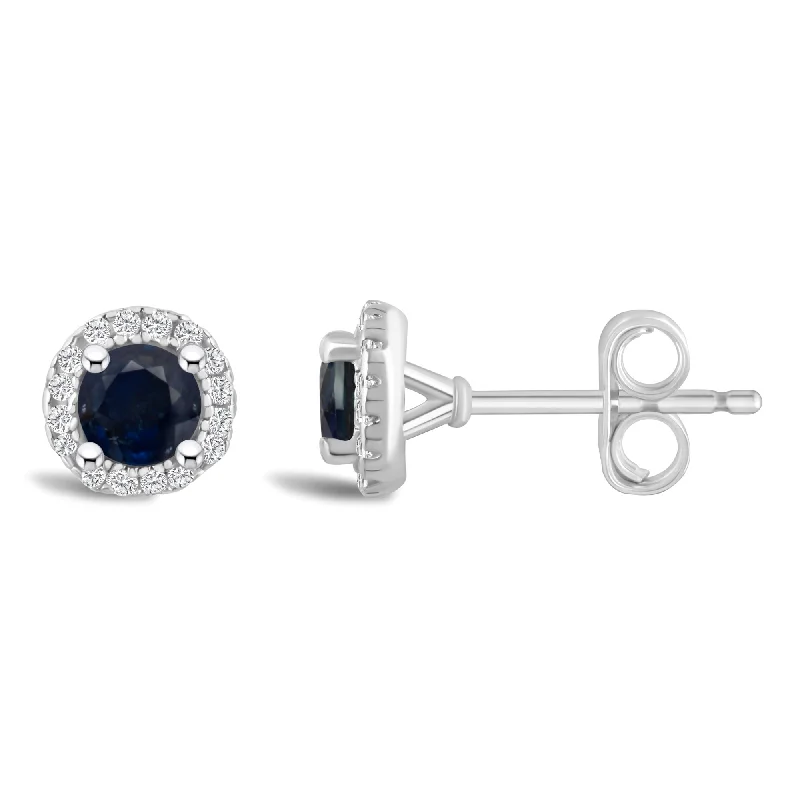 women's earrings wedding jewelry -Round Sapphire and Diamond Halo September Birthstone Earrings in Sterling Silver