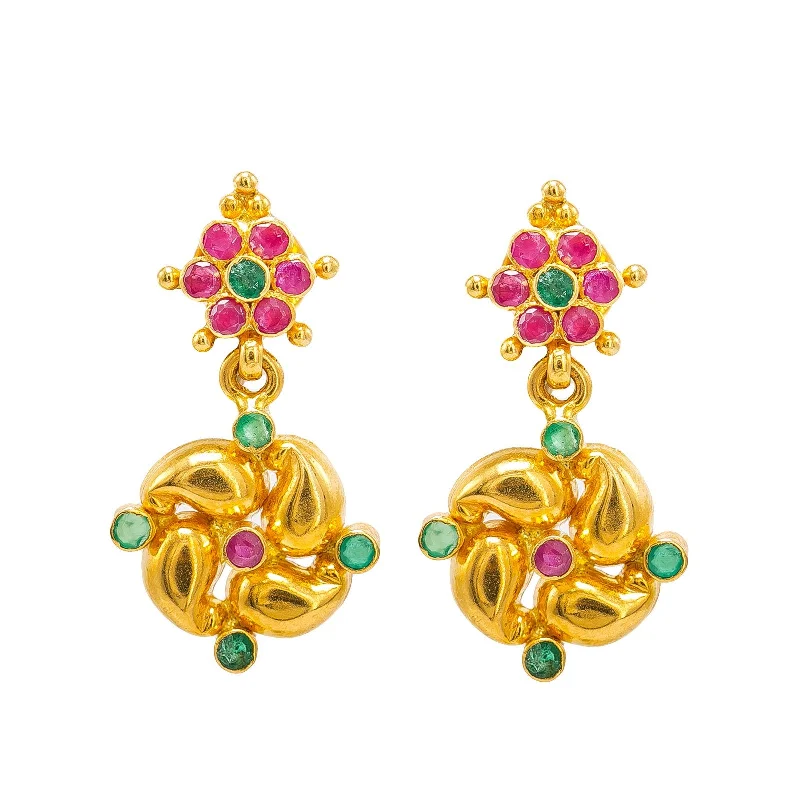 women's earrings fashion-forward jewelry -22K Yellow Gold Drop Earrings W/ Rubies, Emeralds & Encircled Mango Details