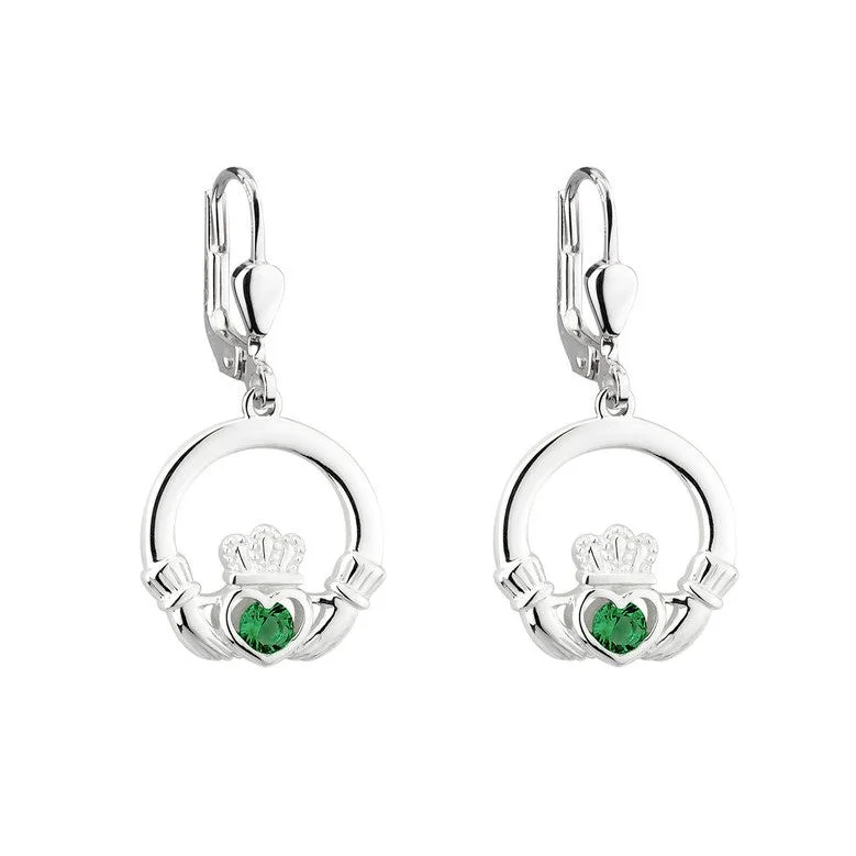 women's earrings bar design -Sterling Silver Claddagh Earrings Drop with Green Stones - S33956