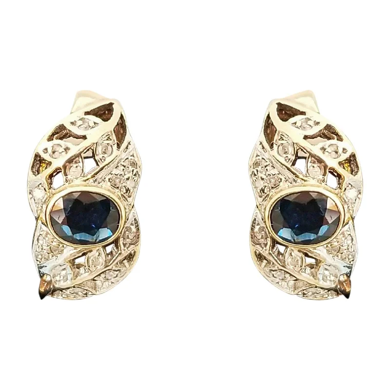 women's earrings elegant crown shape -18 kt Yellow Gold Half-Hoop Earrings with Sapphires and Diamonds