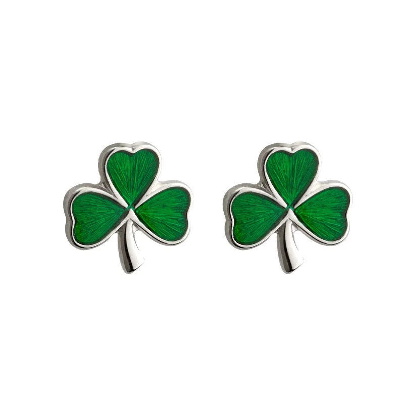 women's earrings art deco style -Sterling Silver Tiny Green Enamel Shamrock Stud Earrings - S3255