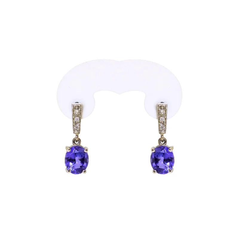 women's earrings heart shape -18 kt White Gold Oval Tanzanite and Diamond Drop Earrings