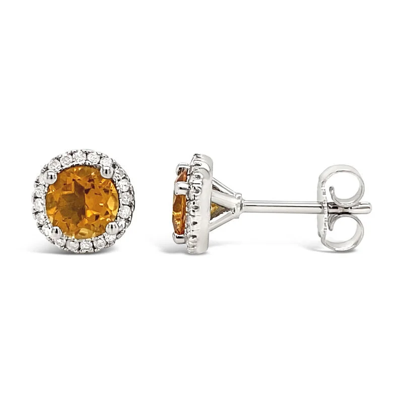 women's earrings minimalist bar drop -Round Citrine and Diamond Halo November Birthstone Earrings in Sterling Silver