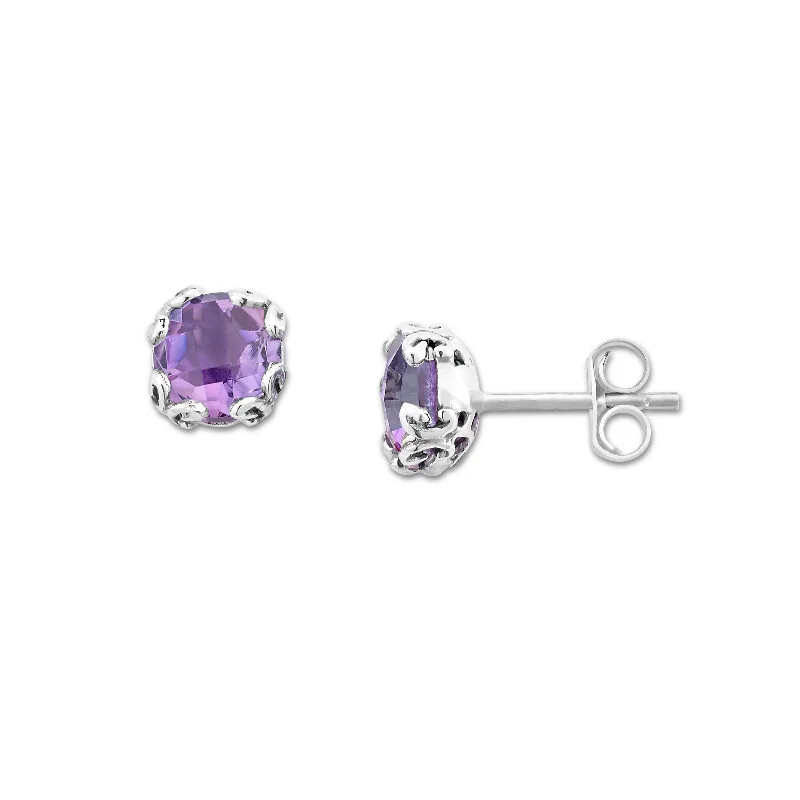 women's earrings climber design -Round Amethyst Stud Earrings, Sterling Silver