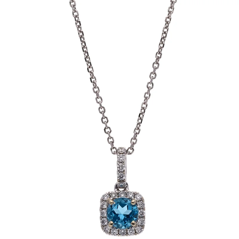 women's necklaces fashion-forward layering -14K White Gold Round Blue Topaz and Diamond Pendant Necklace