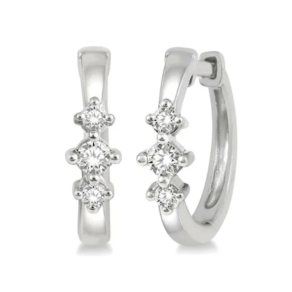 women's earrings classic pearl drops -1/6 ctw Three Stone Round Cut Diamond Huggie Earrings in 10K White Gold