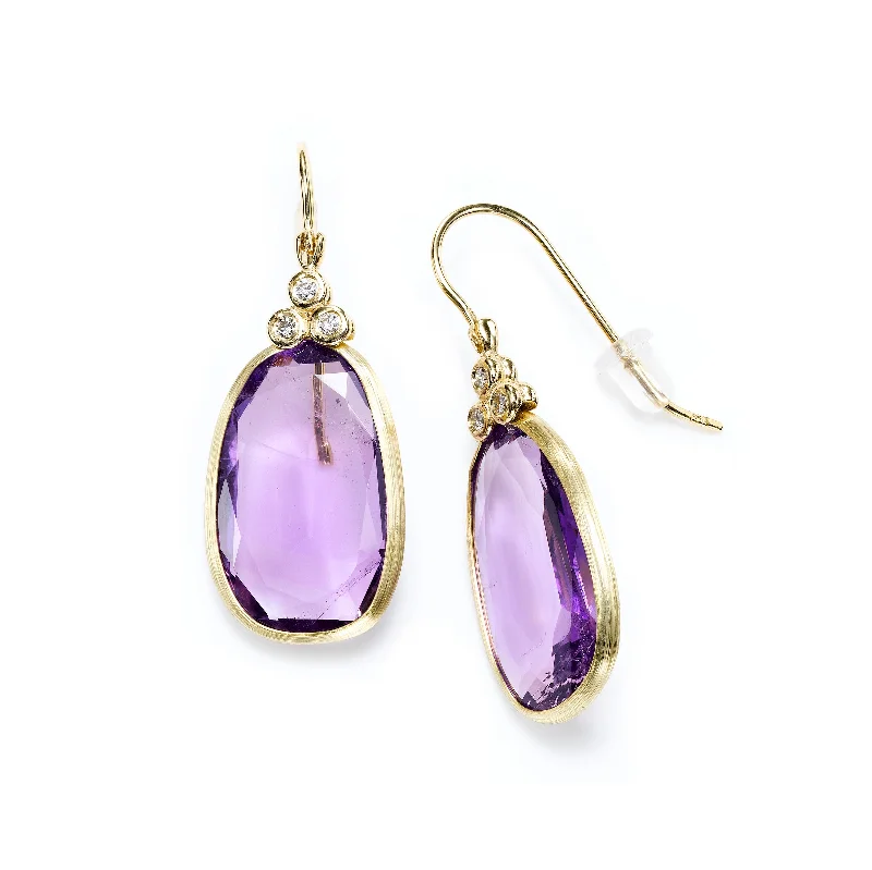 women's earrings mother of pearl -Oval Amethyst Dangle Earrings with Diamond Accent, 14K Yellow Gold