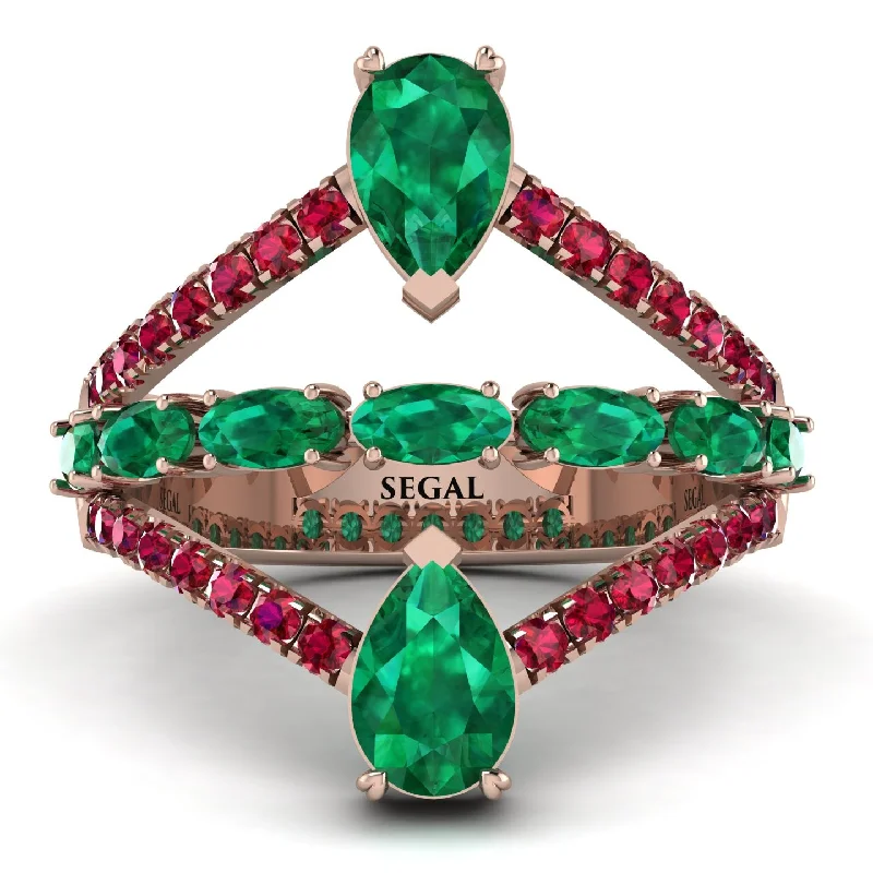 women's ring tension setting -Symmetrical Twist Shank Pear Emerald Ring - Eliza No. 50