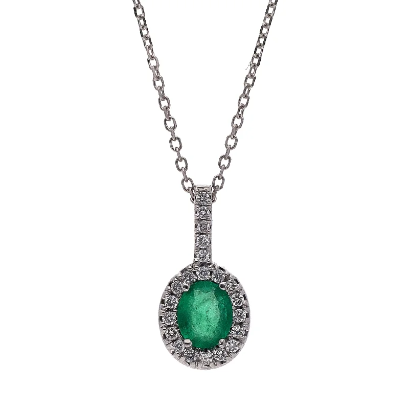 women's necklaces stacking charm -14K White Gold Oval Emerald and Diamond Pendant 16" Necklace