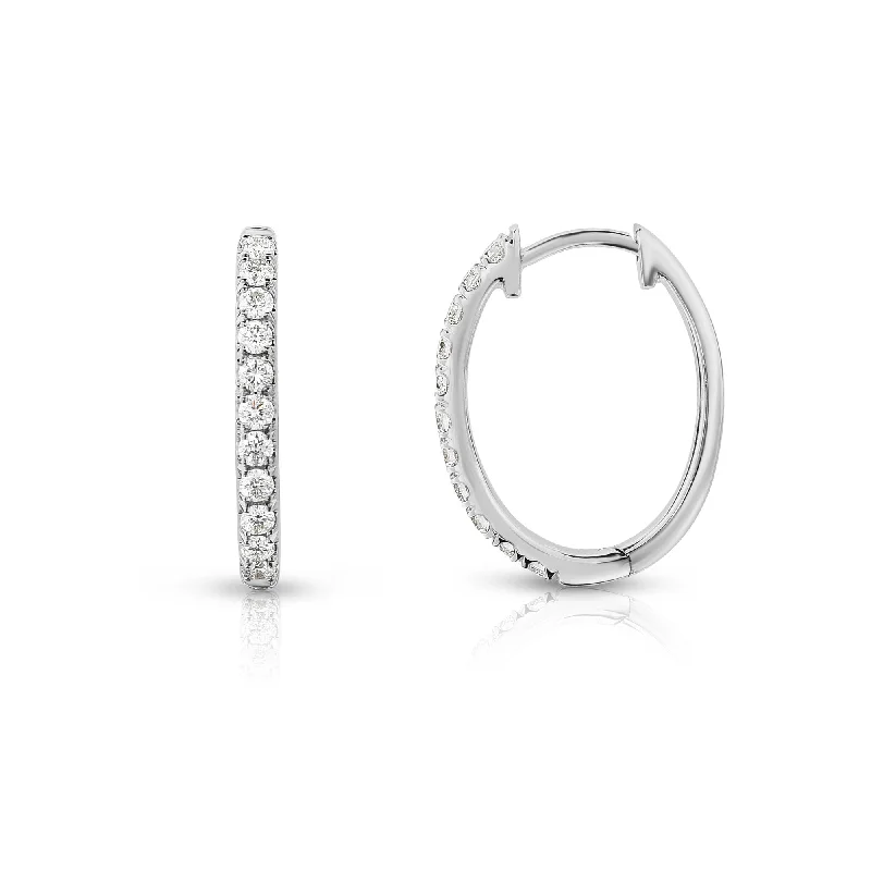 women's earrings bold geometric shape -Oval Shape Diamond Hoop Earrings, .33 Carat, 14K White Gold