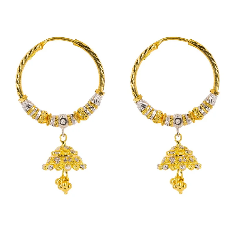 women's earrings silver -22K Multi Tone Gold Hoop Earrings W/ Jhumki Drops & Textured Gold Caps