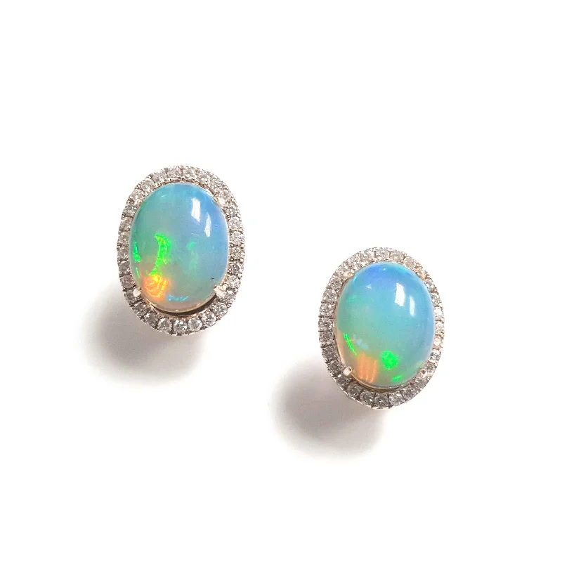 women's earrings with gemstone halo -Oval Cabochon Opal and Diamond Halo Earrings, 14K Yellow Gold