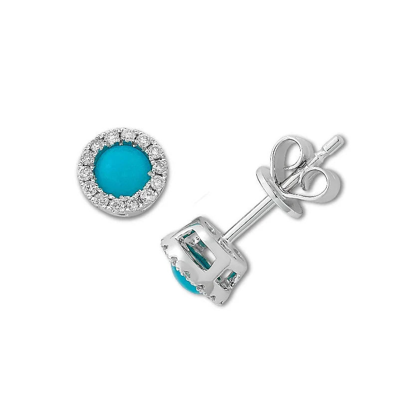 women's earrings minimalist charm -Turquoise and Diamond Halo Stud Earrings, 14K White Gold