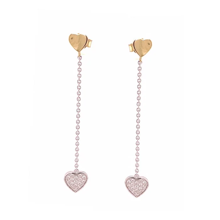 women's earrings mixed metals -Heart Dangle Chain Earrings, 2 Inches, Sterling and Gold Plating