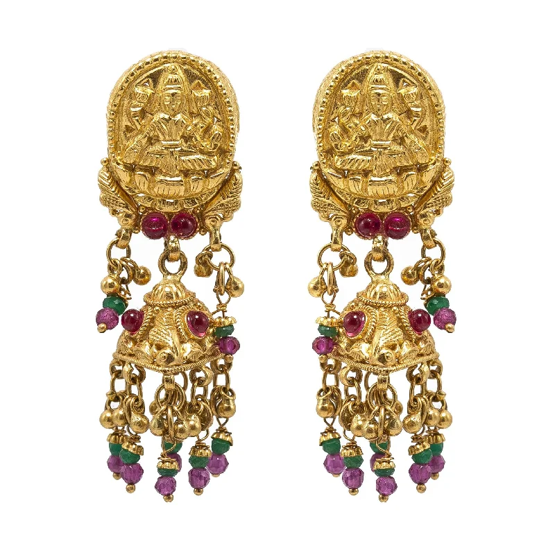 women's earrings bar design -22K Yellow Gold JhumkiDrop Earrings W/ Rubies, Emeralds, Laxmi Pendant & Beaded tassels