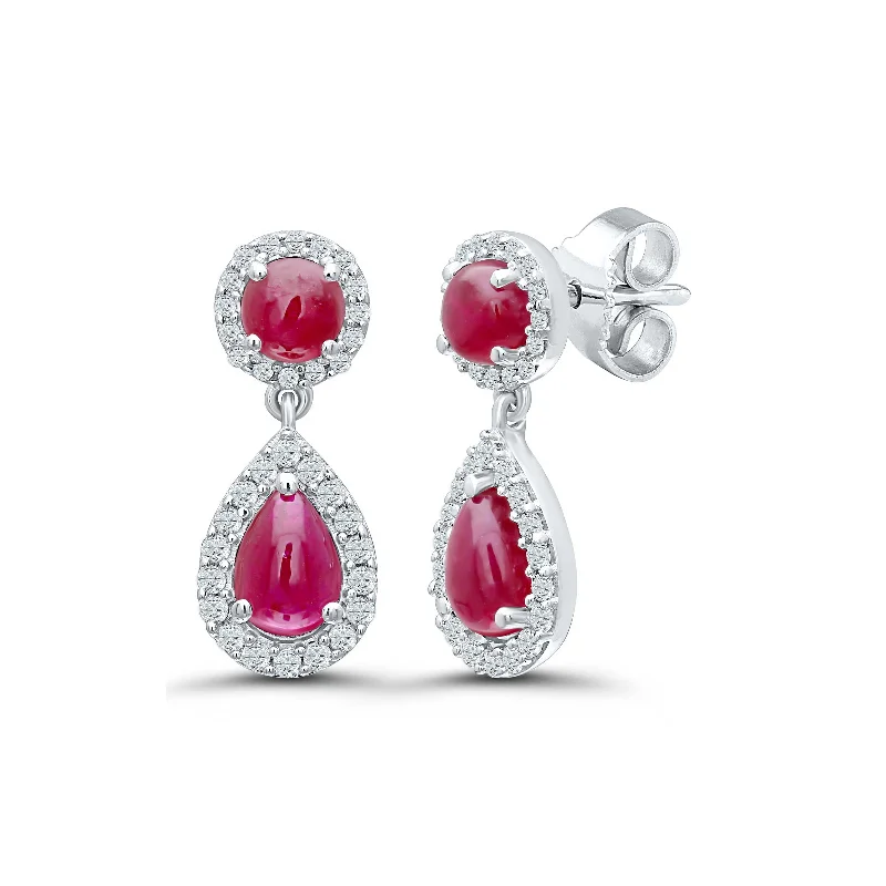 women's earrings delicate and elegant -Round and Pear Shape Ruby Dangle Earrings, 14K White Gold