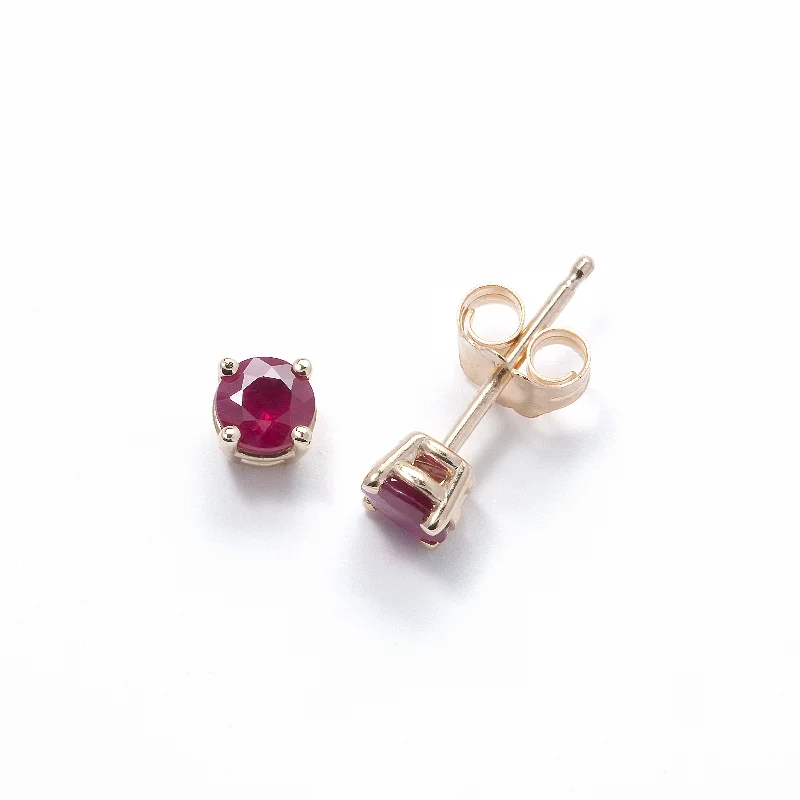 women's earrings boho style -Genuine Ruby Stud Earrings, 14K Yellow Gold