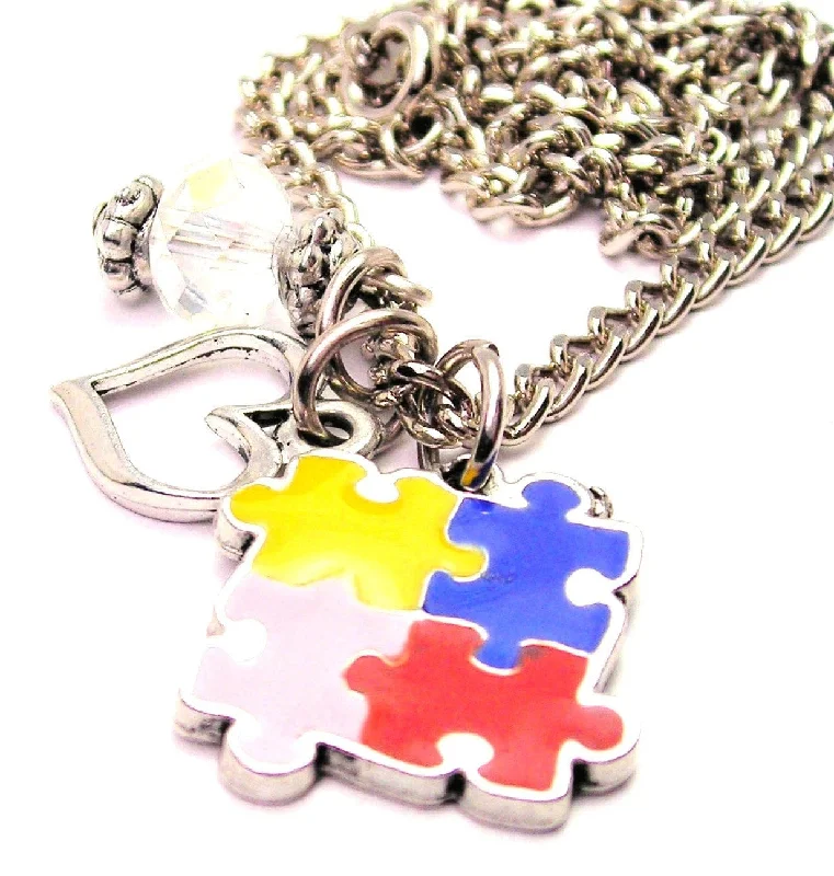 women's necklaces cross pendant -Hand Painted Little Puzzle Pieces Autism Awareness Necklace with Small Heart