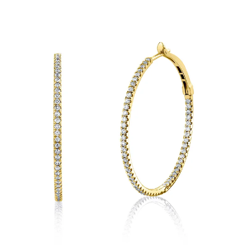 women's earrings elegant touch -Thin 1.10 Carats Diamond Hoop Earrings, 1.80 Inches, 14K Yellow Gold