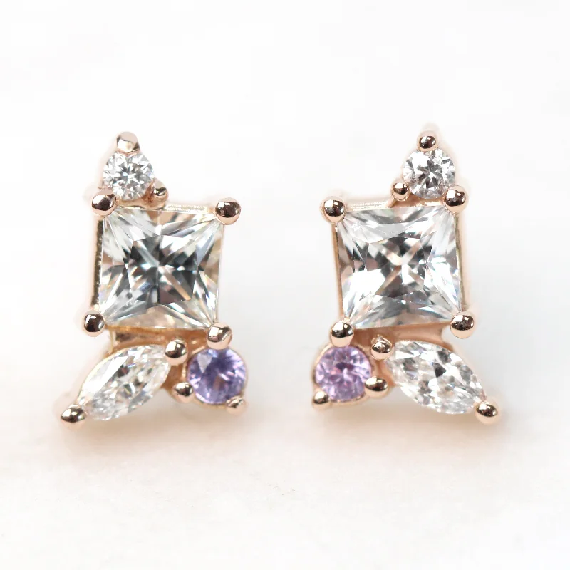 women's earrings bold geometric shape -Princess Cut White Sapphire Earrings with Diamond & Light Purple Sapphire Accents - Made to Order, Choose Your Gold Tone