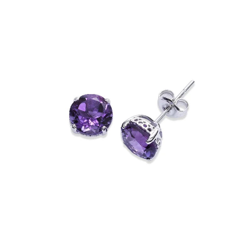 women's earrings luxury diamond cut -Round Amethyst Stud Earrings, 8 MM, 14K White Gold