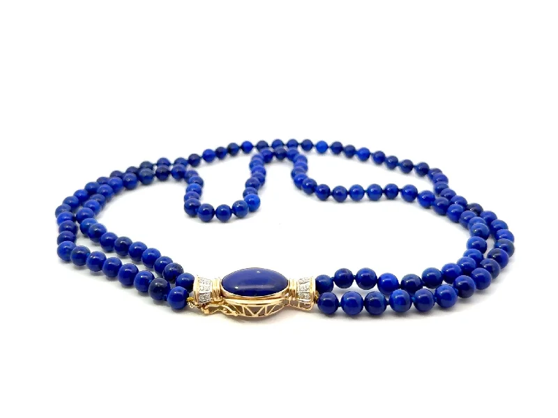 women's necklaces anniversary gift -Lapis Lazuli Double Stranded Beaded Necklace Diamond Clasp 14k Yellow Gold