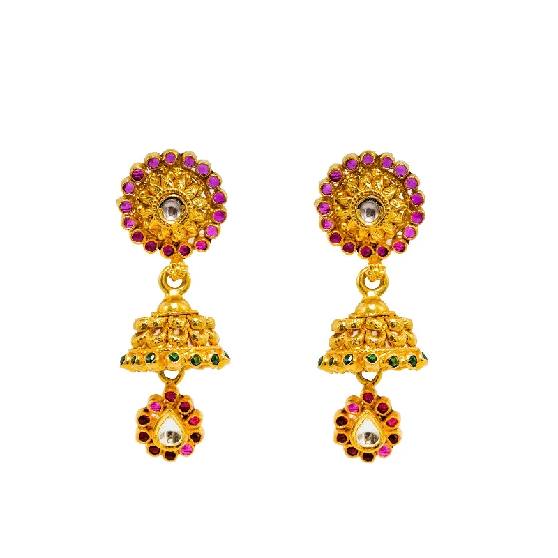 women's earrings platinum -22K Yellow Gold Jhumki Earrings Earrings W/ Rubies, Emeralds, Kundan & Loop Detailed Drops