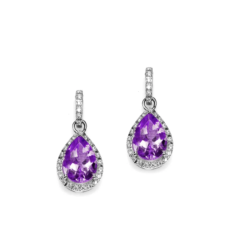 women's earrings nature inspired -Pear Shape Amethyst and Diamond Drop Earrings, 14K White Gold