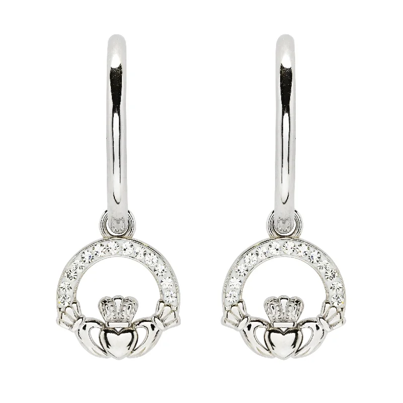 women's earrings delicate and dainty -Sterling Silver Claddagh Hoop Earrings Adorned By Crystals SW243