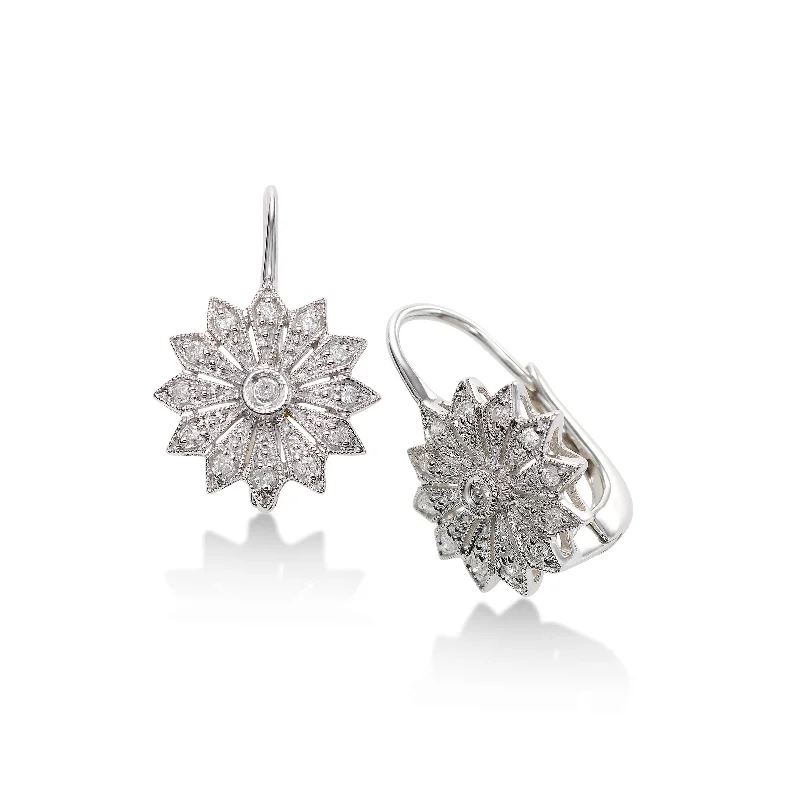 women's earrings stud design -Flower Design Pavé Diamond Earrings, 14K White Gold