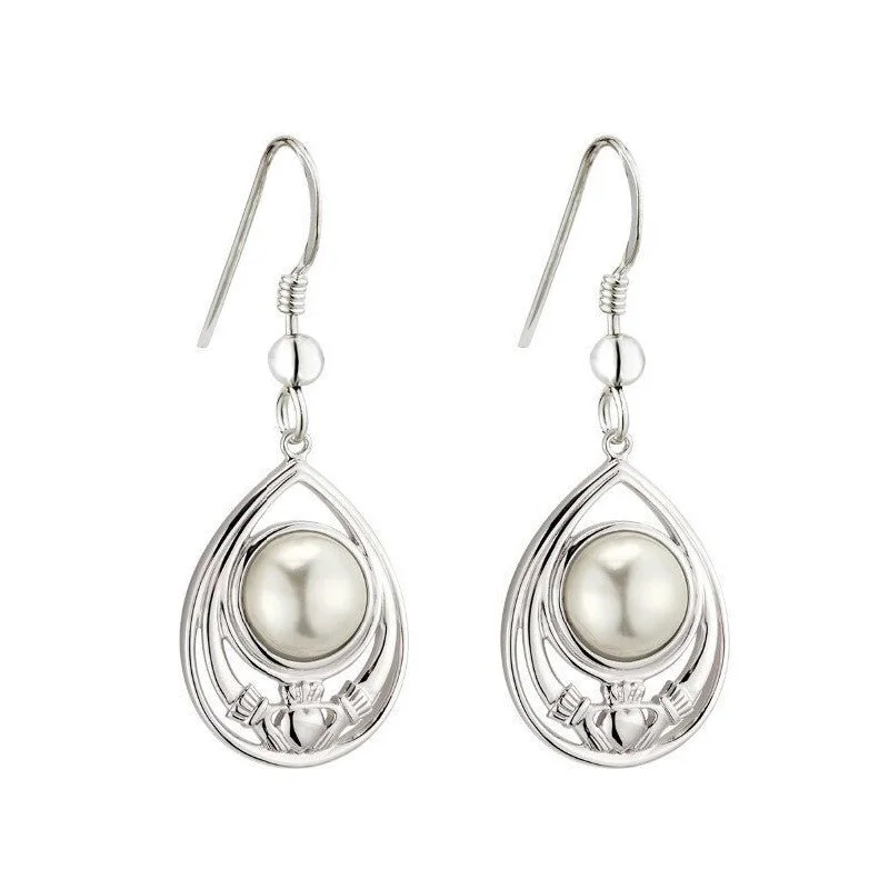 women's earrings luxury diamond cut -Sterling Silver Pearl Claddagh Drop Earrings - S34138