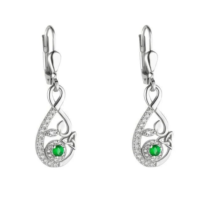 women's earrings mother of pearl -Sterling Silver Green Crystal Trinity Knot Drop Earrings - S34165