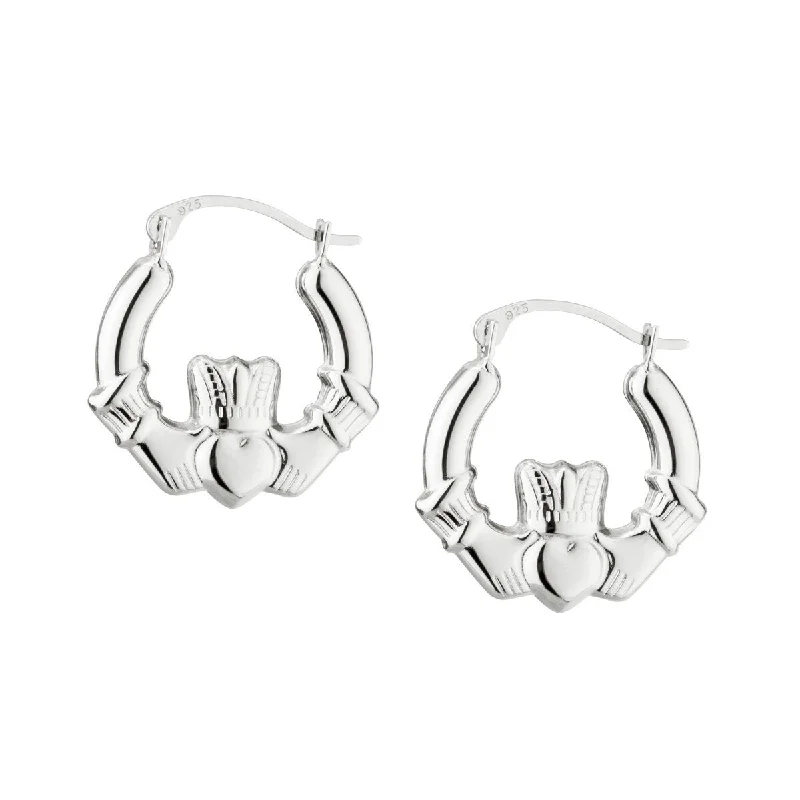 women's earrings trendy look -Sterling Silver Small Claddagh Hoop Earrings - S3028