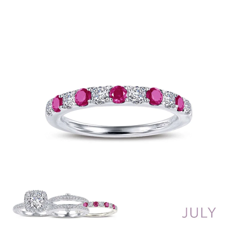 women's ring with engraved message -Lafonn Simulated Diamond & Ruby July Birthstone Stackable Ring BR004RBP