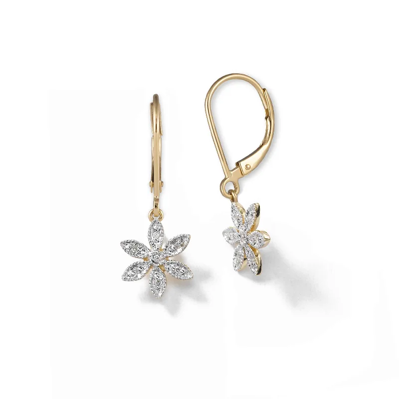 women's earrings Valentine's Day gift -Small Diamond Flower Drop Earrings, 14K Yellow Gold