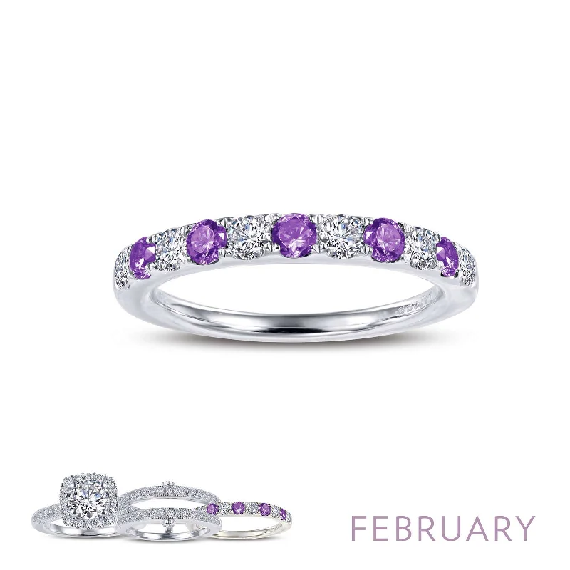 women's ring adjustable open band -Lafonn Simulated Diamond & Amethyst February Birthstone Stackable Ring BR004AMP