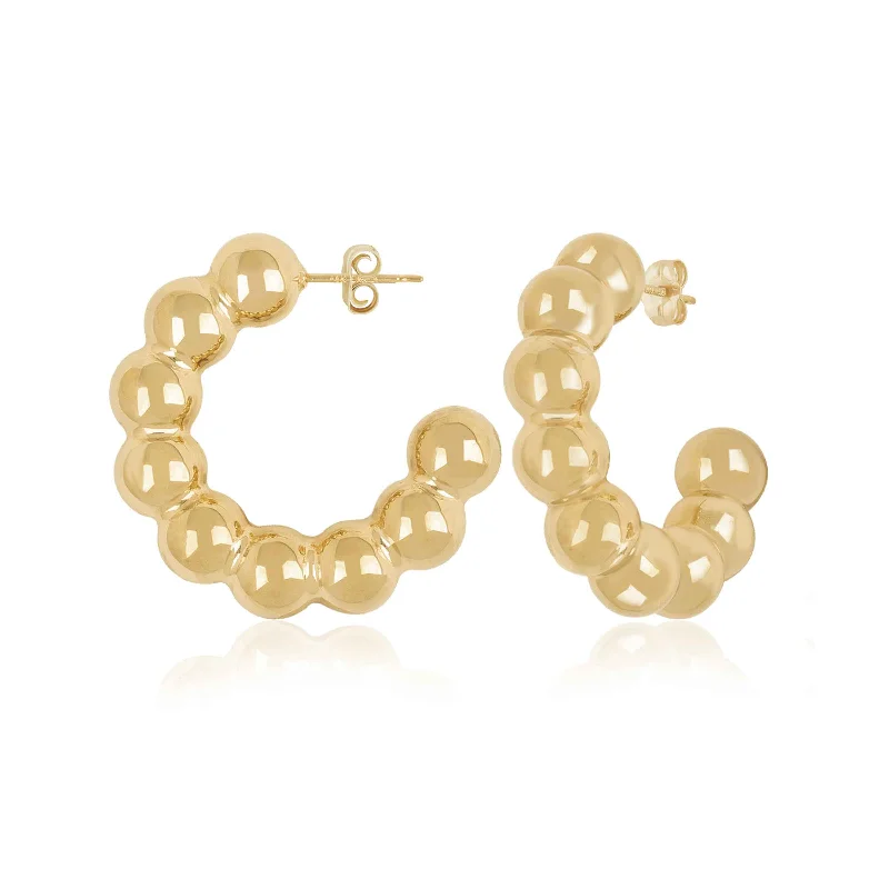 women's earrings bar design -Large Bead Hoop Earrings, 1 Inch, 14K Yellow Gold