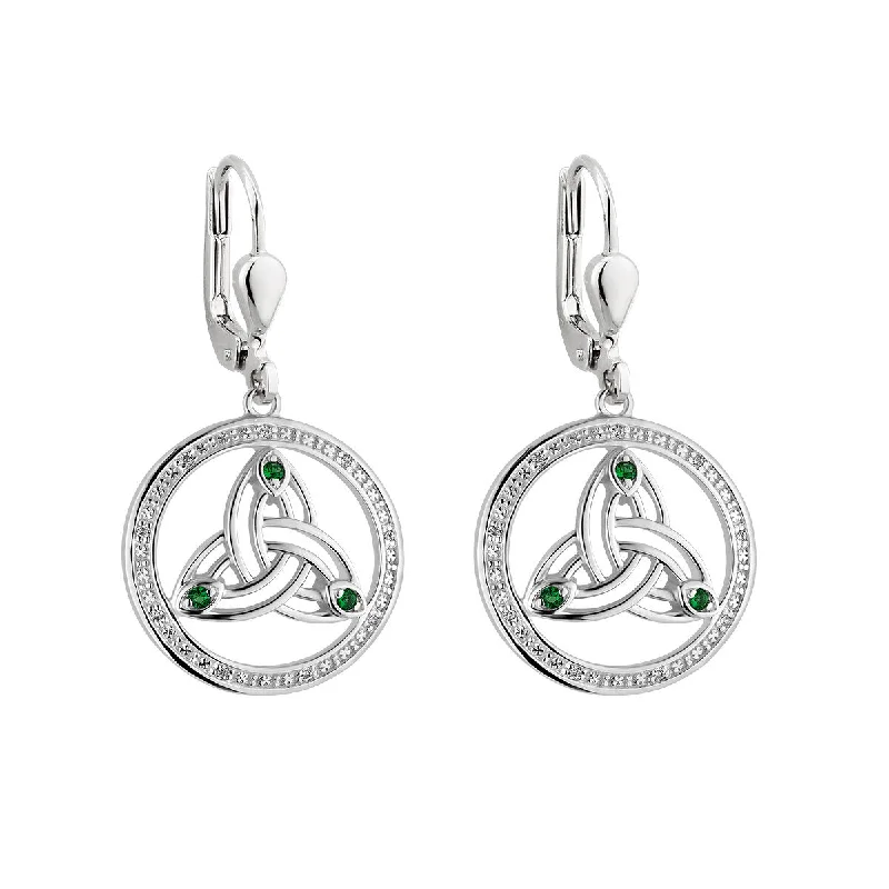 women's earrings bold statement -Sterling Silver Circle Trinity Knot Drop Earrings with Green CZ Stones - S34114