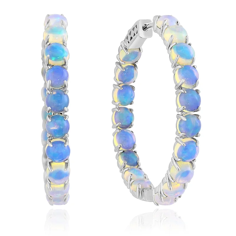 women's earrings handmade luxury design -14K White Gold Ethiopian Opal Hoop Earrings with 6.75 Carats of Opals