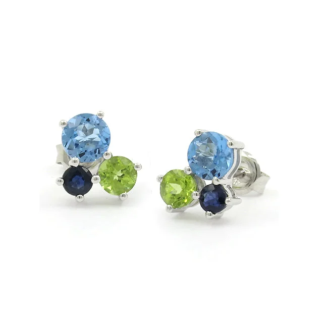 women's earrings glamorous evening wear -Blue Topaz, Peridot and Sapphire Cluster Earrings, Sterling Silver