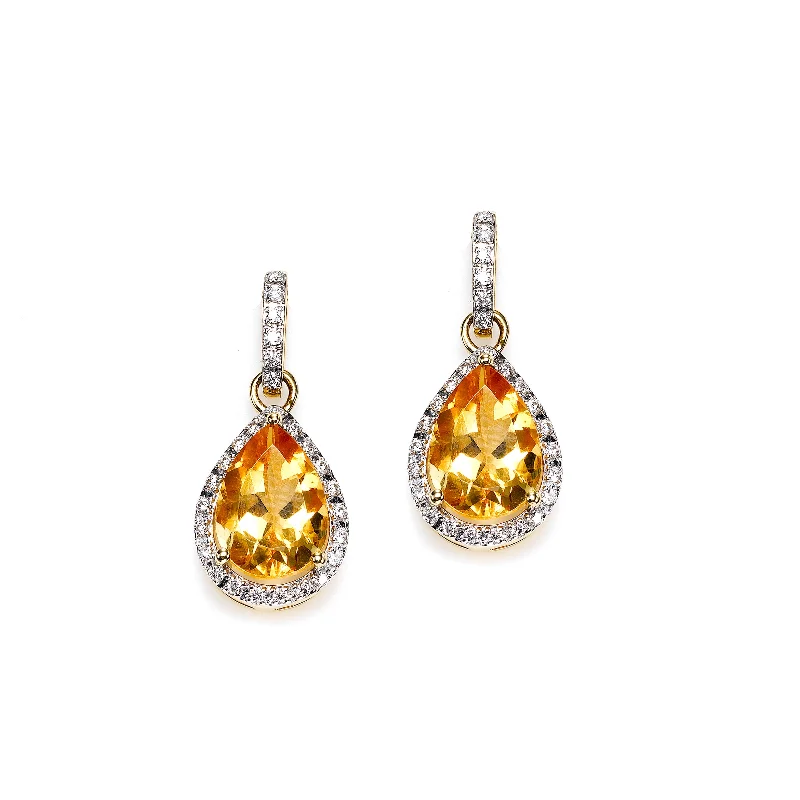 women's earrings perfect for gifting -Pear Shape Citrine and Diamond Drop Earrings, 14K Yellow Gold