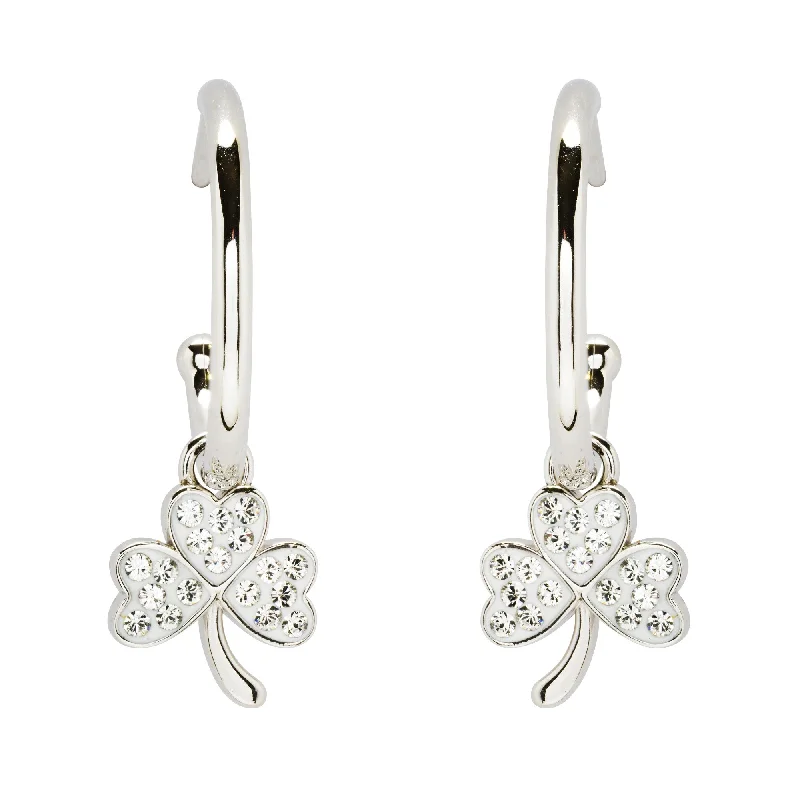 women's earrings celebrity style -Sterling Silver Shamrock Hoop Earrings Adorned By Crystals SW247