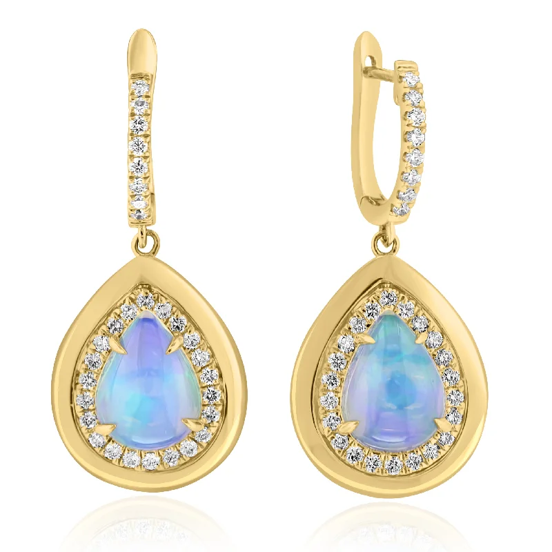 women's earrings platinum -14K Yellow Gold Dangle Earrings with Pear Shape Ethiopian Opals and Diamond Halo