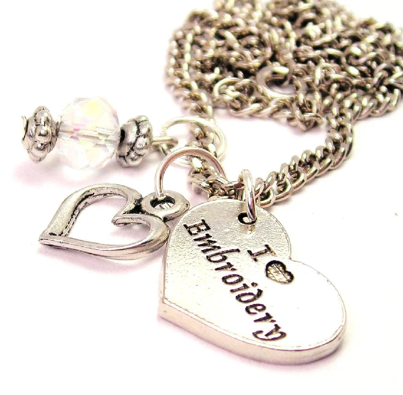 women's necklaces hypoallergenic material -I Love Embroidery Necklace with Small Heart