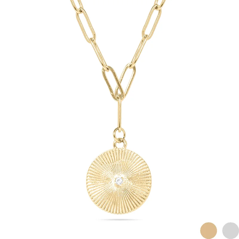 women's necklaces ethically sourced -18K Gold PVD Stainless Steel Sunburst Medallion CZ Paperclip Necklace / CHN9967